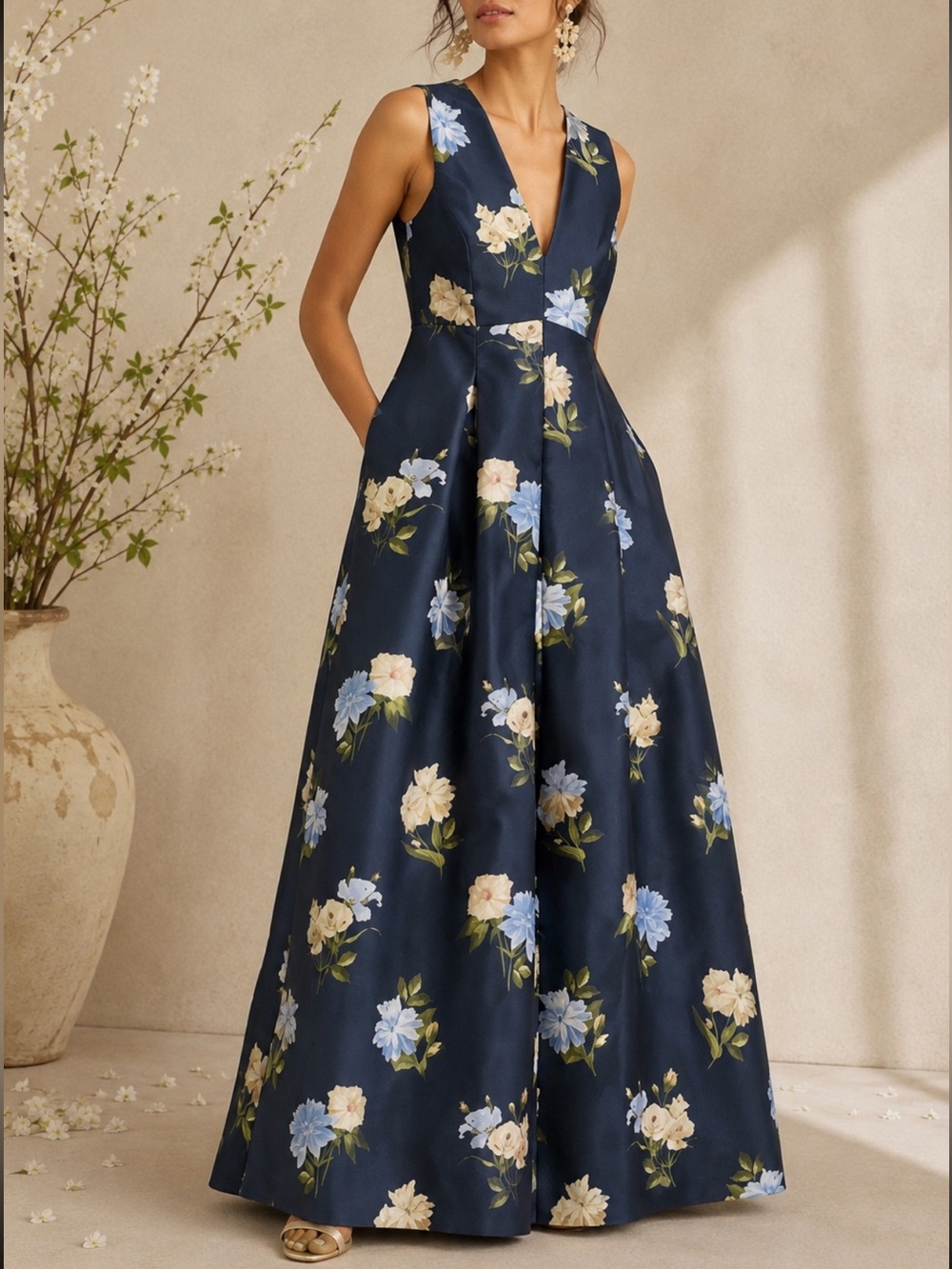 Sachin + Babi Brooklynne Floral Mikado Gown MARITIME CORSAGE Blue